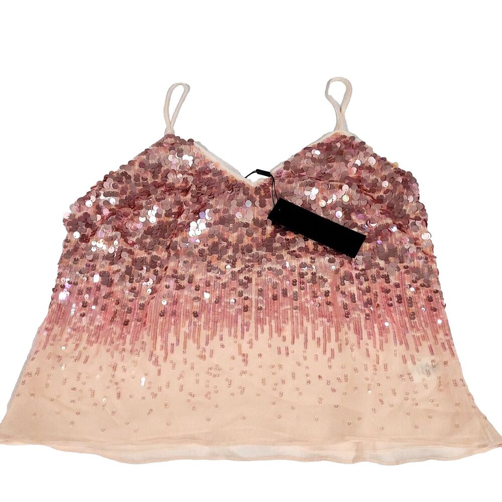 Halston Heritage‎ sequin Spaghetti Top L sorbet Pink Ombre NWT $295 Y2K Inspired